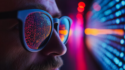 Wall Mural - digital visionary: a close-up shot of a man's face, partially obscured by stylish sunglasses reflect