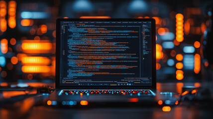 Code in the Neon Glow: A laptop screen illuminates with a stream of code, bathed in the mesmerizing glow of neon lights.