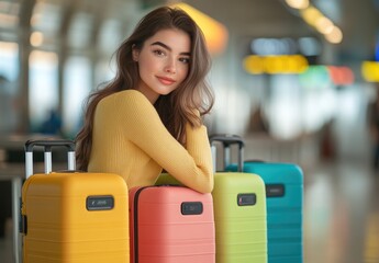 Wall Mural - Portrait of a beautiful young woman with colorful luggage at an airport