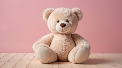 A fluffy brown teddy bear sitting on floor, isolated and cuddly, perfect for childhood memories and as a lovable gift