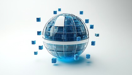 A sleek blue and silver digital globe on a white backdrop, encircled by floating small cube icons representing seamless global network connections