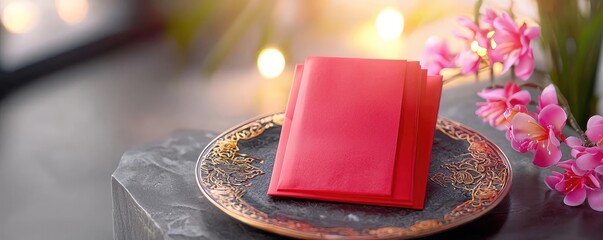 Chinese new year red envelopes concept. Artistic red envelopes placed on a lacquer plate, glowing golden light and vibrant decorations enhancing their symbolic importance