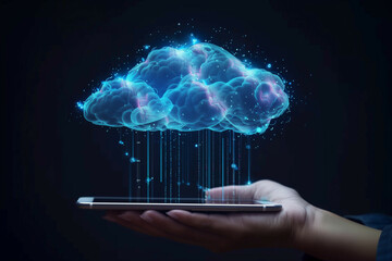 Wall Mural - futuristic depiction of a human brain with digital data streams emanating from a smartphone, symboli
