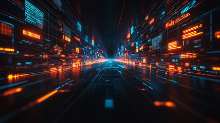 Wall Mural - digital highway: a futuristic, abstract tunnel of vibrant data streams, glowing with neon orange and