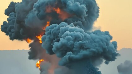 Wall Mural - dramatic explosion sends thick smoke and fire into colorful sky at sunset, evoking a powerful natura