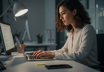 Female hands typing on laptop keyboard at the office. Wide
