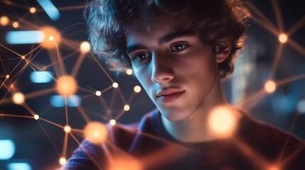 Canvas Print - Young man looking intently at a network of glowing lights.