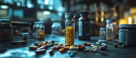 A detailed foreground filled with an assortment of pills, capsules, and vials of medicine, representing a collection of pharmaceutical items in sharp focus