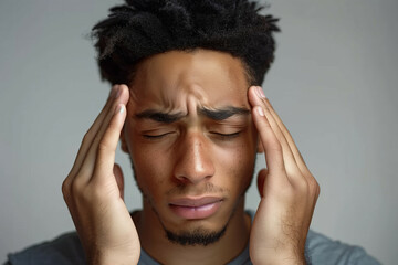 A close-up portrait of a young man expressing distress with hands on temples, eyes closed, isolated on a grey background