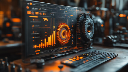 Canvas Print - Futuristic Interface: A close-up of a futuristic interface, with a glowing orange gear and data visualizations on a large display screen. The screen is set against a dark, industrial background.