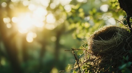 Weaver bird nest made of hay on a tree branch with a natural blurred forest background illuminated by soft sunlight