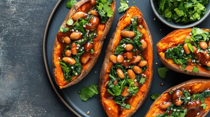 Wall Mural - Overhead view of baked sweet potatoes stuffed with spinach, beans, and savory sauce on a dark plate with fresh herbs