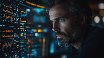 Data Analyst at Night: A focused, intense man intently studies complex data on a large monitor, illuminated by the soft glow of the screen in a dark room.