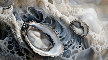 Leinwandbilder - Close up view of oyster shells showcasing intricate textures and patterns against a soft blurred background in a natural setting.