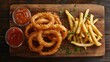 © AImmersive Imagery - Overhead view of crispy fried onion rings and golden french fries served with ketchup on a rustic wooden cutting board