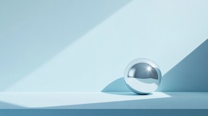 Poster - Minimalist studio shot of reflective disco ball on soft blue background with natural light creating unique shadows and space for text.