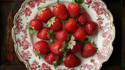 Overhead shot of fresh strawberries arranged beautifully on a vintage floral plate showcasing vibrant colors and textures