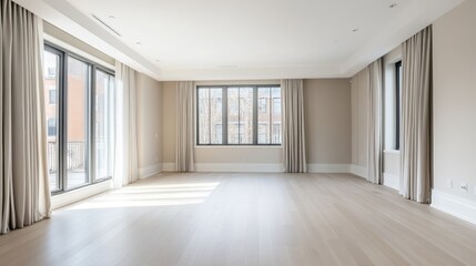 Leinwandbilder - Spacious vacant room with large windows neutral color palette and light wooden flooring ideal for customization and design projects