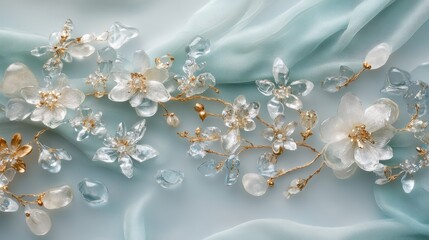 Fototapete - Delicate floral arrangement featuring translucent crystals and soft fabric background creating an elegant and artistic composition