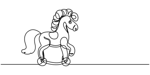 Wall Mural - Continuous one line drawing of rocking horse kid toy. Horse toy outline vector illustration. Editable stroke, One continuous line drawing of retro old vintage wooden horse toy. Classic toy kids pro. 