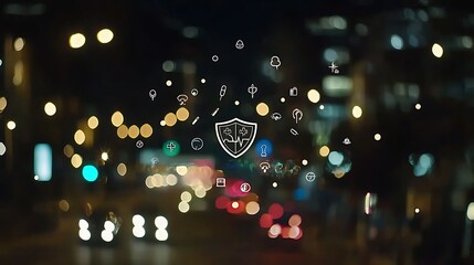 Wall Mural - Night city, shield icon, data security, bokeh lights, advert.