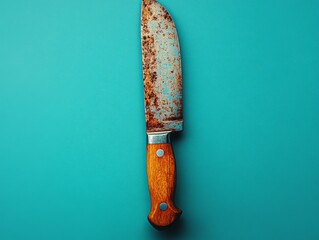 A rusty kitchen knife with a wooden handle against a teal background.