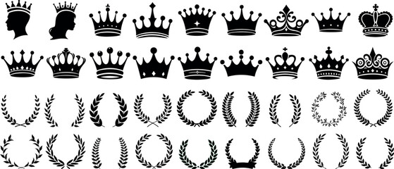 Wall Mural - Crown laurel wreath silhouette set, royalty icons, vintage design elements, crowns, laurel wreaths  vector art, elegant symbols for logos, emblems, regal themes, heraldry designs