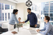 © fizkes - Multiethnic African business team leader man giving handshake to male Indian employee, standing at meeting table in conference room, starting or finishing negotiation, greeting partner, colleague