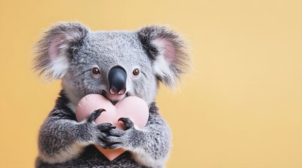 Koala cuddles heart-shaped pillow against soft yellow background in adorable moment of affection