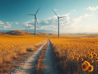 A serene landscape featuring wind turbines amidst a field of sunflowers under a blue sky.