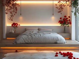 Wall Mural - Minimalist Bedroom Design with Flower Accents Modern Home Interior Photography Bright Atmosphere