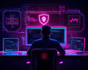 a programmer working late with neon lights and multiple screens.