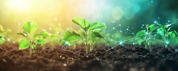 Aufkleber - Advanced smart farming, hand planting crops with visual concepts of IoT and AI analyzing agricultural data