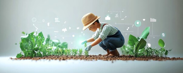 Aufkleber - Advanced smart farming, hand planting crops with visual concepts of IoT and AI analyzing agricultural data