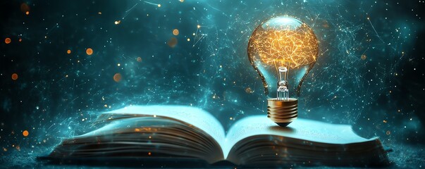 Leinwandbilder - AI and machine learning illustration, light bulb and virtual digital brain above an open book, symbolizing knowledge
