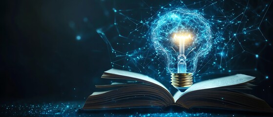 Fototapete - Artificial intelligence and machine learning visual, light bulb with virtual digital brain emerging from an open book
