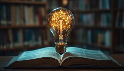 Fototapete - Artificial intelligence concept with a light bulb and digital brain on an open book, merging science and technology