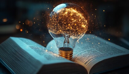 Poster - Artificial intelligence concept with a light bulb and digital brain on an open book, merging science and technology