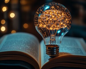 Poster - Digital brain and light bulb symbols representing artificial intelligence on an open book, symbolizing innovation