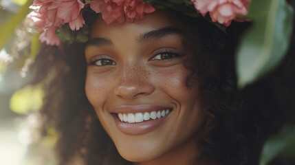 Smiling african female with floral crown in nature setting