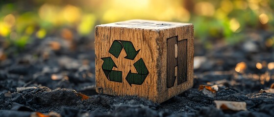 Ecological waste management visual, wooden cube with recycling words and a green Earth for a better future