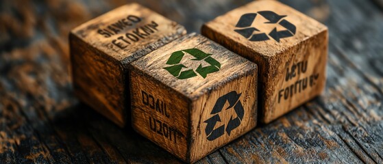 Ecological waste management visual, wooden cube with recycling words and a green Earth for a better future