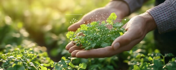 Poster - Future farming technology, hand holding plants with graphical elements representing IoT, AI, and 5G for agriculture