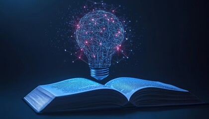Poster - Machine learning and artificial intelligence visual, light bulb with virtual AI elements above an open book
