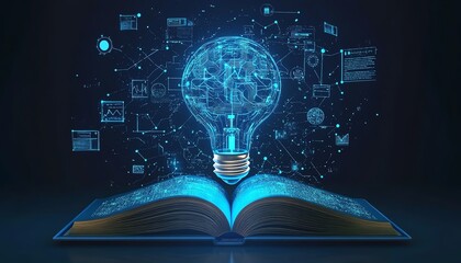 Poster - Machine learning and artificial intelligence visual, light bulb with virtual AI elements above an open book