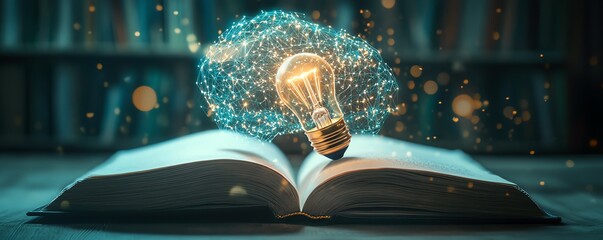 Fototapete - Open book with virtual AI brain and light bulb symbolizing machine learning and artificial intelligence innovation