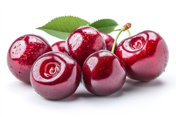 Sticker - Ripe red cherries covered with water droplets on white background