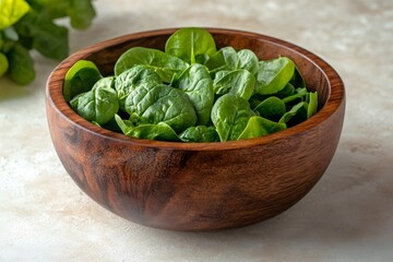 Wall Mural - Fresh spinach leaves filling a wooden bowl on a table