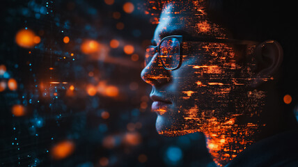 Wall Mural - digital mind: a visionary portrait of a young man, his face overlaid with a vibrant cityscape, symbo
