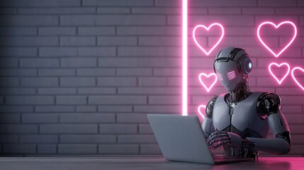 Robotic Figure with Laptop in Front of Neon Heart Background